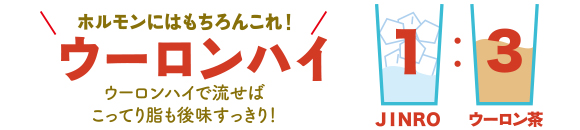 ホルモンにはもちろんこれ! ウーロンハイ ウーロンハイで流せばこってり脂も後味すっきり! 1(JINRO):3(ウーロン茶)