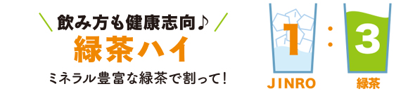 飲み方も健康志向 緑茶ハイ ミネラル豊富な緑茶で割って! 1(JINRO):3(緑茶)